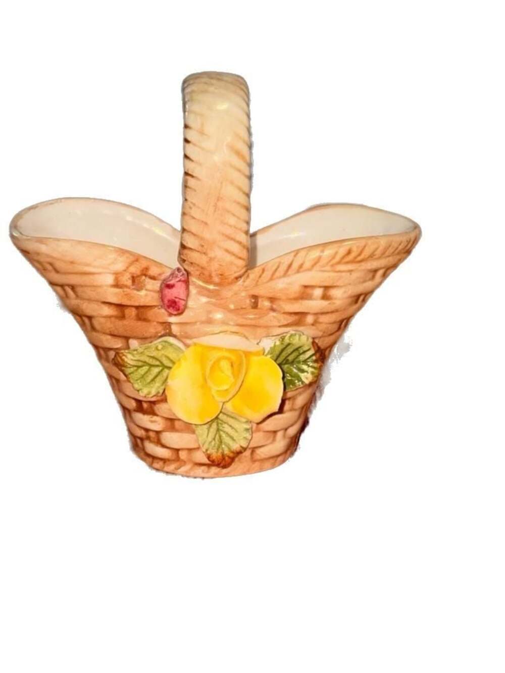 Vintage Porcelain Woven Basket Figurine with Yellow Rose Decor